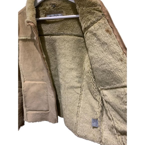 Women's Large ALDO Suede Leather Sherpa Lined Coat/Jacket Beige/Tane - Picture 8 of 12